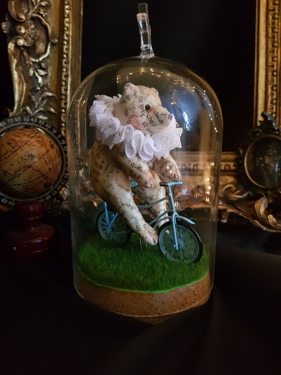 Image of Teddy Bear on a bike in glass bell - OOAK sculpture - 7.4 inches tall (including glass bell)
