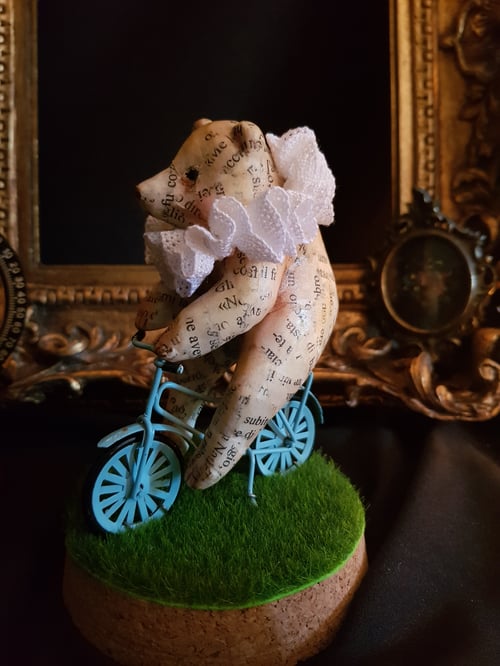 Image of Teddy Bear on a bike in glass bell FREE SHIPPING- OOAK  - 7.4 inches tall (including glass bell)