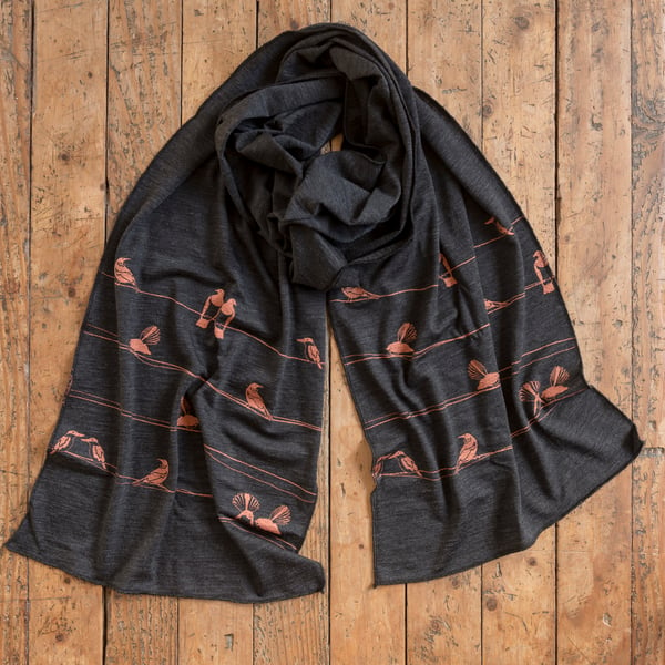 Image of 'New Zealand Birds on a Wire' Merino Scarf (Charcoal)