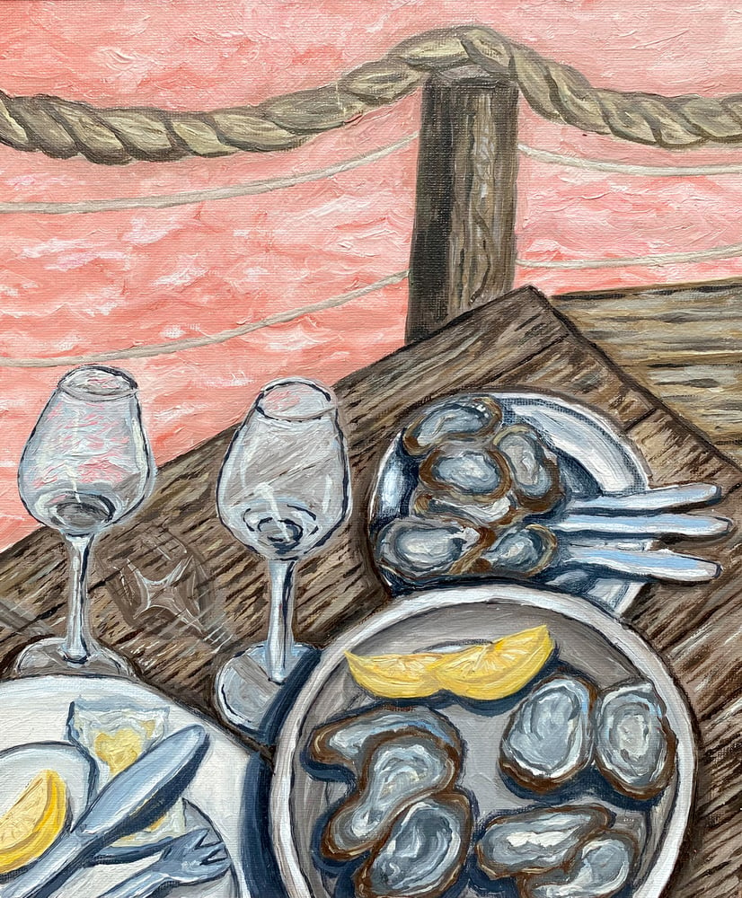 Image of 'Oysters by the pink lake' on framed canvas
