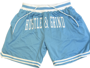 Image of Hustle & Grind Basketball Shorts Black w/White & Black letters. 