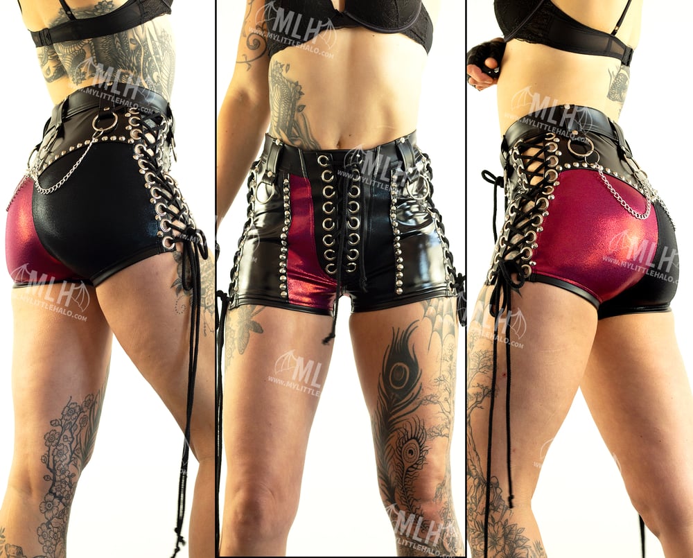 #3 HIGH WAISTED RED/BLACK LACE UP SHORTS