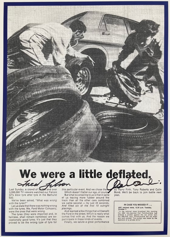 Image of Bathurst 1969. Falcon GT-HO. "We were a little deflated" advert. Signed Fred Gibson & Alan Hamilton