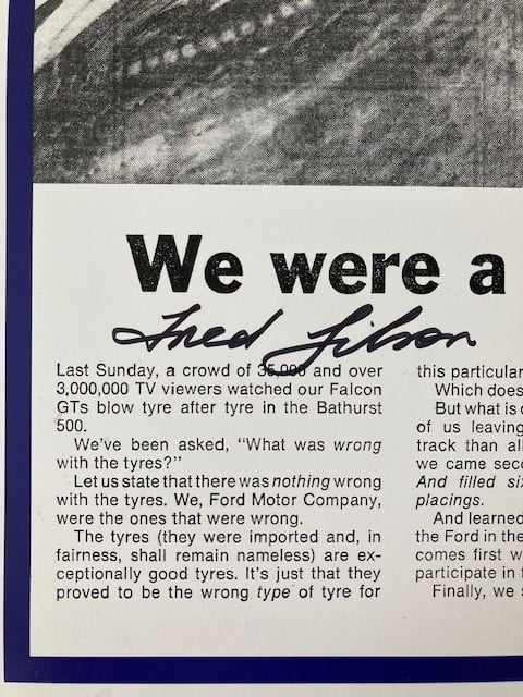 Image of Bathurst 1969. Falcon GT-HO. "We were a little deflated" advert. Signed Fred Gibson & Alan Hamilton