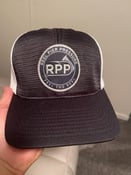 Image of Reel Pier Pressure Logo, Black Front, White Mesh Back Flex Fit Hats