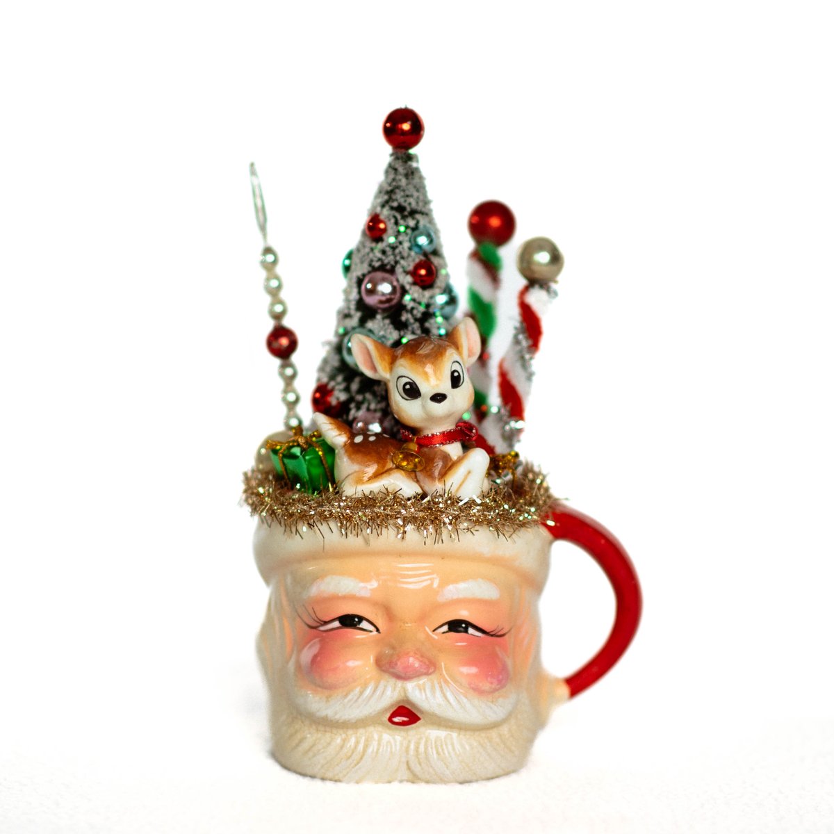Vintage Christmas Decor, Vintage Santa Claus Mug, Bottle Brush