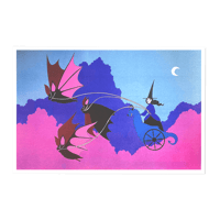 Witch in Bat Chariot Riso Print
