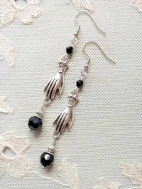 Image 6 of Victorian silver hand charm long earrings handmade with black faceted glass beads
