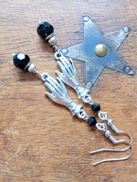 Image 4 of Victorian silver hand charm long earrings handmade with black faceted glass beads