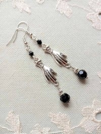 Image 5 of Victorian silver hand charm long earrings handmade with black faceted glass beads
