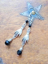 Image 2 of Victorian silver hand charm long earrings handmade with black faceted glass beads