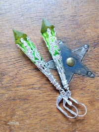 Image 4 of Roaring 20s Flapper Earrings, Light Green & Silver, Pierced or Clip On