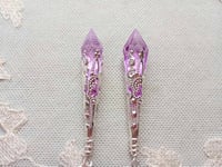 Image 6 of Vamp Ornate Pointed Earrings, Lilac & Silver, Pierced or Clip On