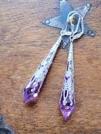 Image 3 of Vamp Ornate Pointed Earrings, Lilac & Silver, Pierced or Clip On