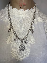 Image 2 of Silver Toned Witch Necklace with Pentagrams by Ugly Shyla 