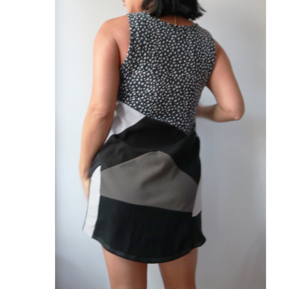 Image of monochrome black and white patchwork adult M L medium large courtneycourtney tank shift dress