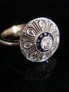 French Art Deco Platinum 18ct sapphire and old cut rose cut diamond pave ring