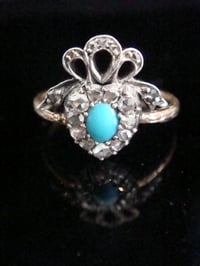 Image 1 of Georgian Victorian 15ct silver old rose cut diamond turquoise heart bow ring