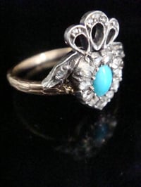 Image 2 of Georgian Victorian 15ct silver old rose cut diamond turquoise heart bow ring