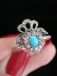 Image 3 of Georgian Victorian 15ct silver old rose cut diamond turquoise heart bow ring