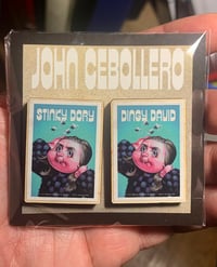 Stinky DORY / Dingy DAVID signed 2 wooden lapel pin set. 