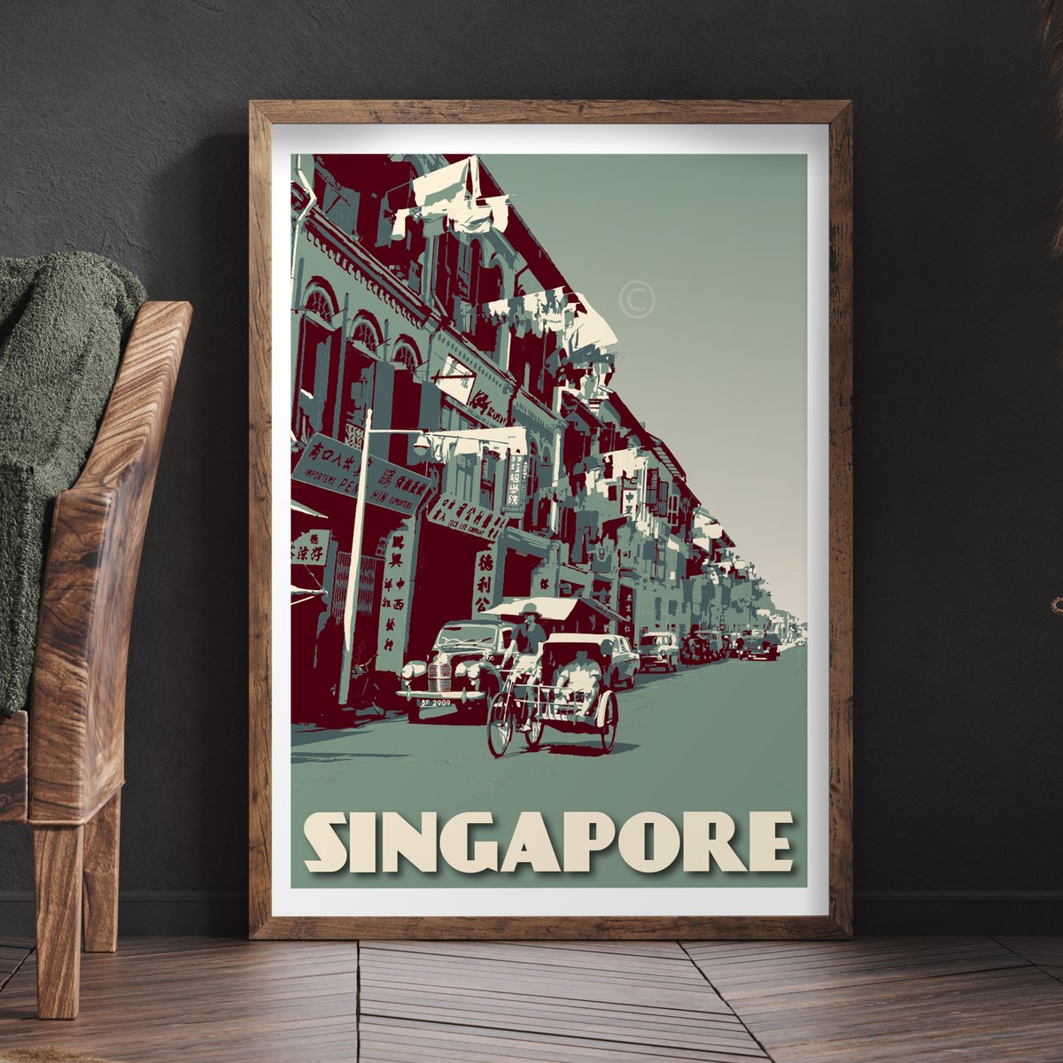 Image of Vintage Poster Singapore - Trishaw ride - Fine Art Print - Blue