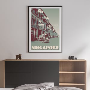 Image of Vintage Poster Singapore - Trishaw ride - Fine Art Print - Blue