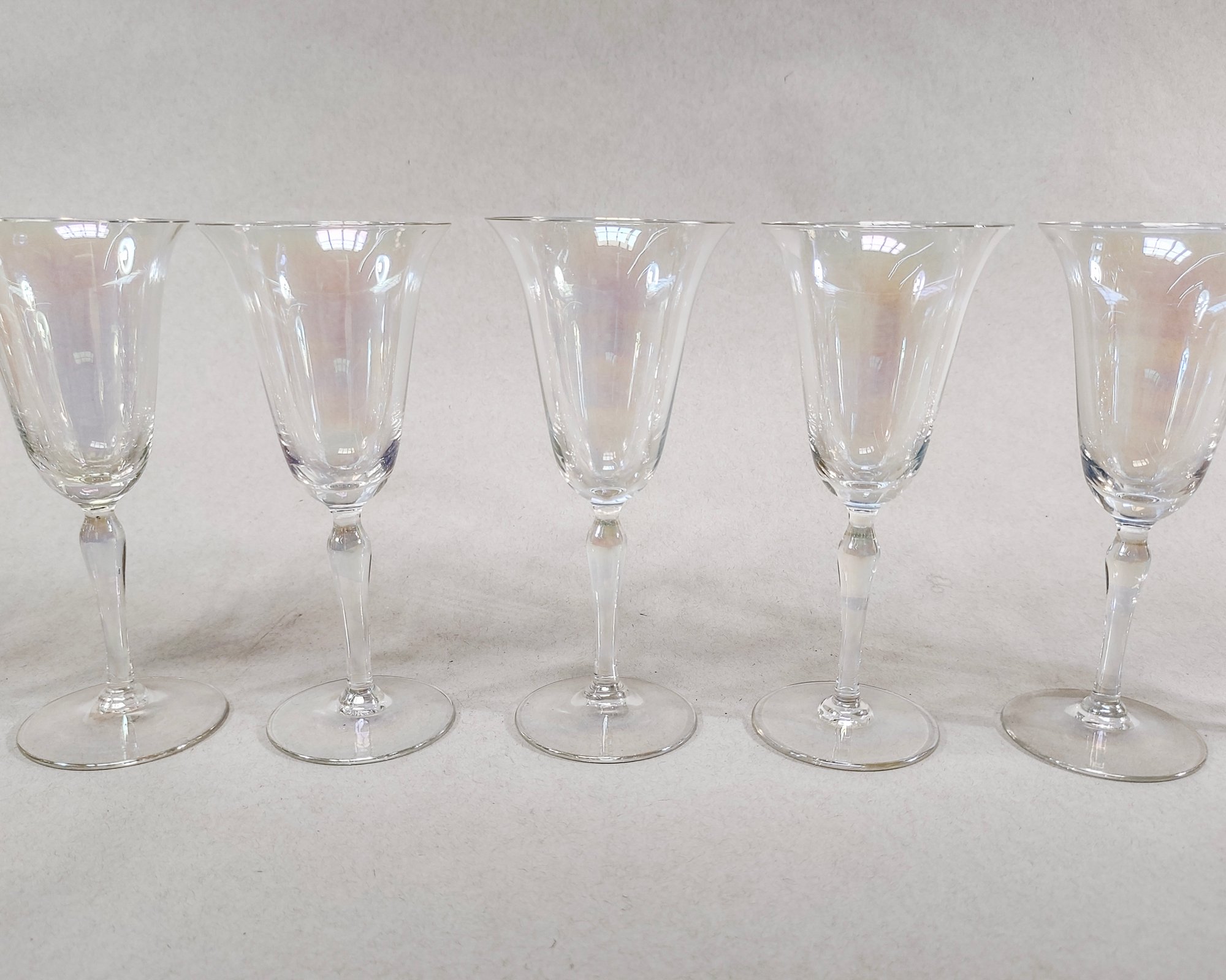 Set (12) Vintage Hand Blown Iridescent Luster Tulip Wine Glasses 1930s