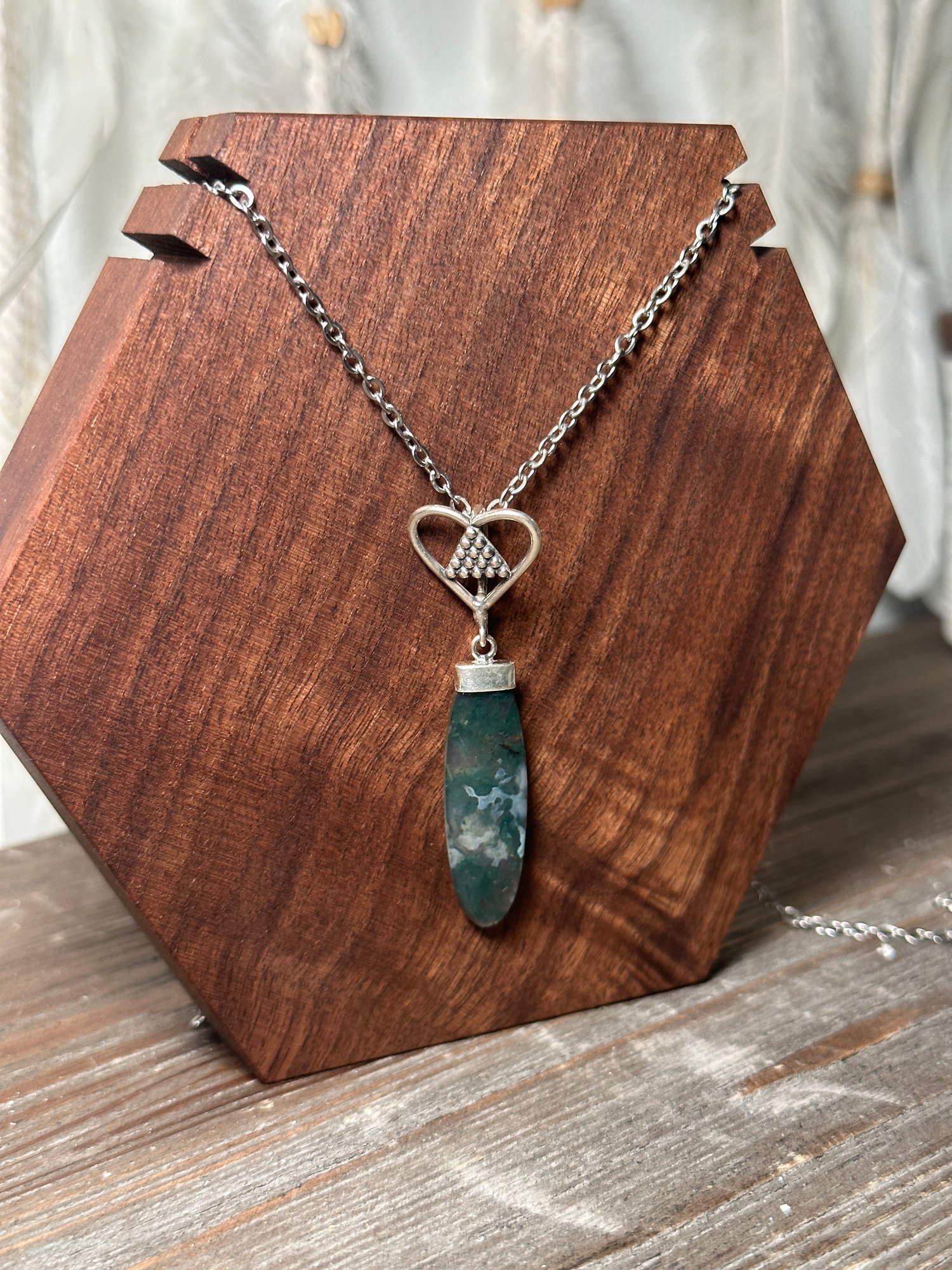 HIGH QUALITY MOSS AGATE HEART PENDANT WITH CHAIN .925 STERLING SILVER