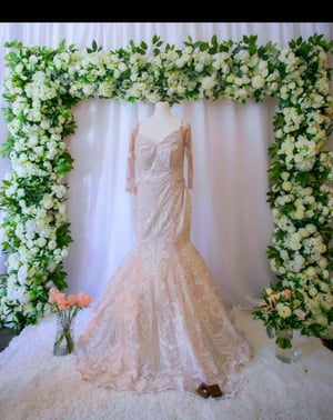 Image of Wedding stage design 3 set arch , greenery backdrop and flowers  