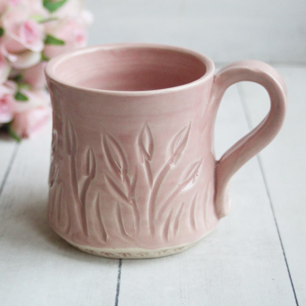 Image of Hand Carved Dusty Pink 14 Ounce Stoneware Mug, Hand Carved Pottery Mug, Made in USA