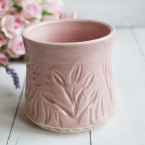 Image of Hand Carved Dusty Pink 14 Ounce Stoneware Mug, Hand Carved Pottery Mug, Made in USA