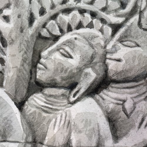 Image of Original Painting - "Bas relief du Bayon" - Cambodge - 30x40 cm