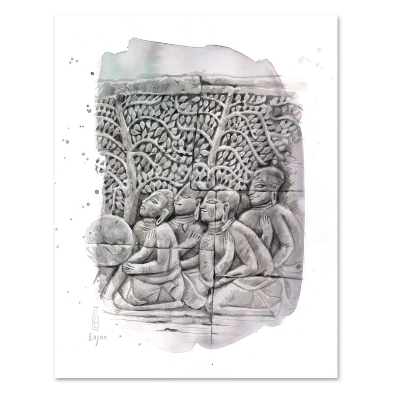 Image of Original Painting - "Bas relief du Bayon" - Cambodge - 30x40 cm