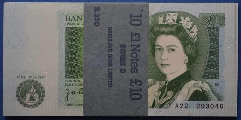 Image of BANK OF ENGLAND; ELIZABETH II, SERIES'D' ,20 x UNCIRCULATED/STRAPPED £1 POUND NOTES.