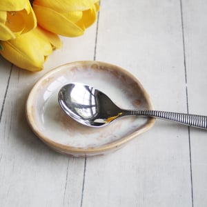 Image of Medium Spoon Rest, White and Ocher Ceramic Spoon Holder for Your Coffee or Tea Spoon, Made in USA