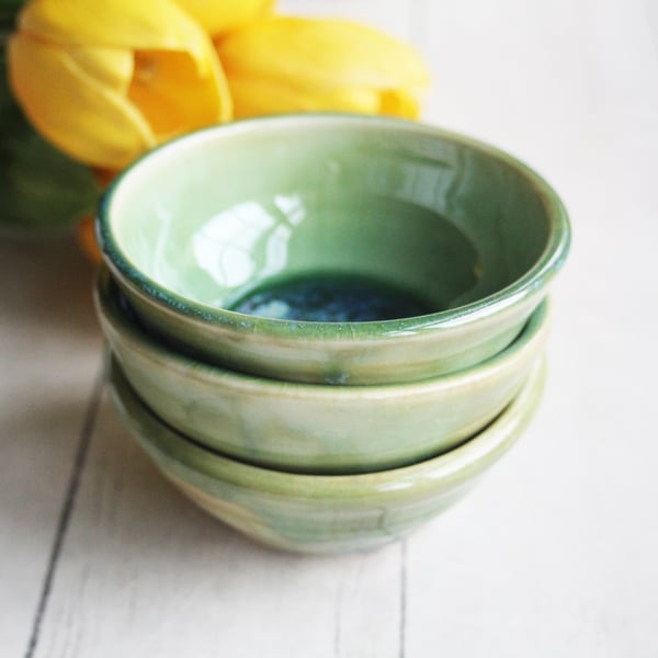 Image of Shimmering Green Prep Bowls, Set of Three Ceramic Handmade Pottery Bowls, Made in USA