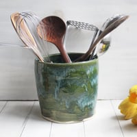 Image 1 of Large Green Utensil Holder, Handcrafted Kitchen Crock, Stoneware Pottery Made in USA