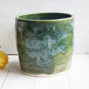 Image of Large Green Utensil Holder, Handcrafted Kitchen Crock, Stoneware Pottery Made in USA