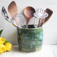 Image 2 of Large Green Utensil Holder, Handcrafted Kitchen Crock, Stoneware Pottery Made in USA