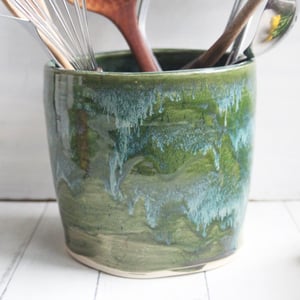 Image of Large Green Utensil Holder, Handcrafted Kitchen Crock, Stoneware Pottery Made in USA