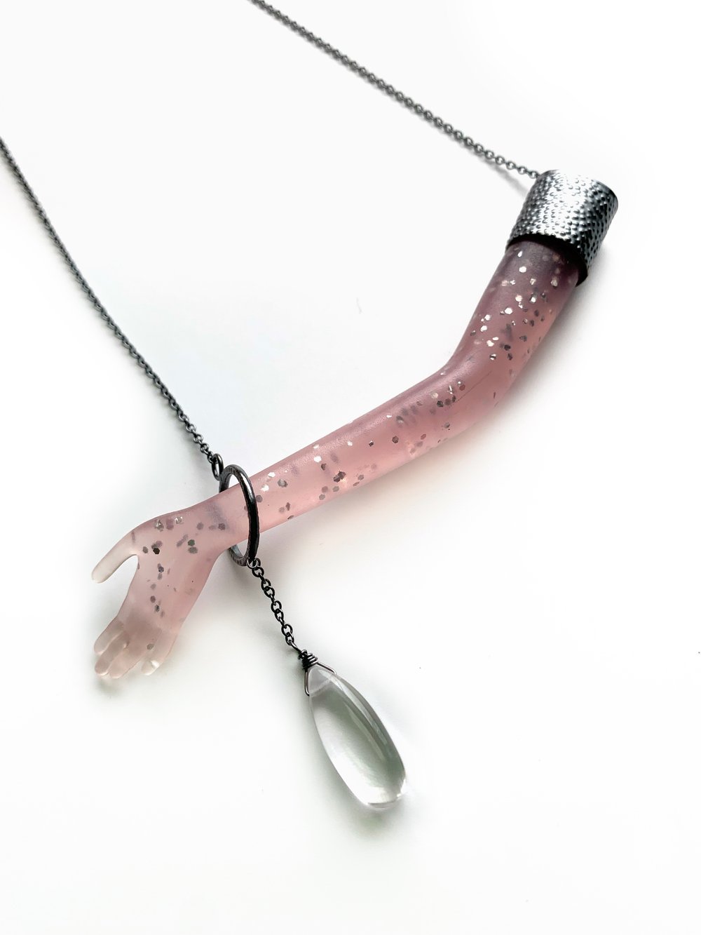 Image of Confetti Pink Glitter Arm Necklace with Clear Quartz 