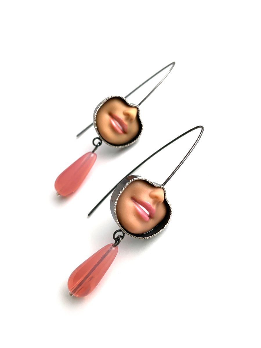 Image of Smile Pull Thru Earrings with Pink Opaline Glass