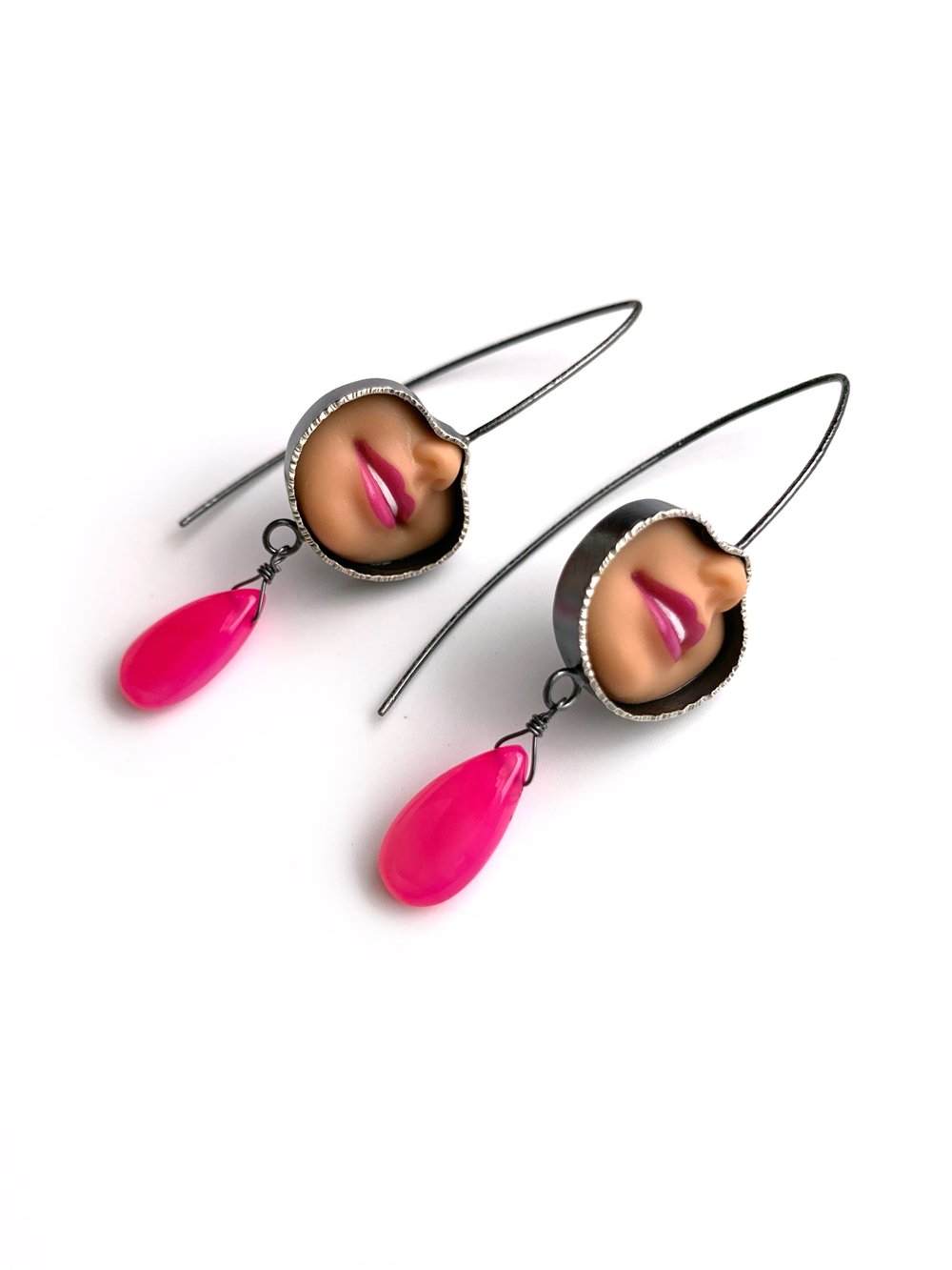 Image of Smile Pull Thru Earrings with Hot Pink Chalcedony