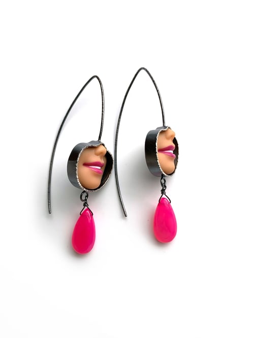 Image of Smile Pull Thru Earrings with Hot Pink Chalcedony