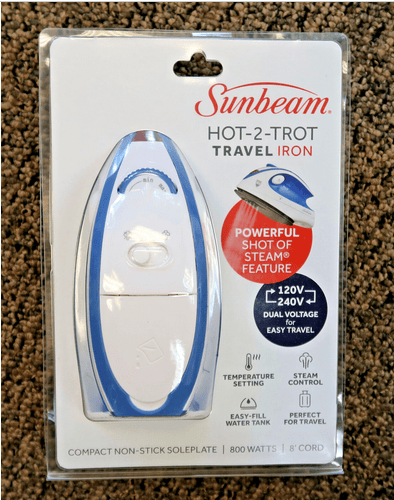 Sunbeam Hot-2-Trot Travel Steam Iron, 800 Watt Dual Voltage 120/240, Compact Size, Portable.