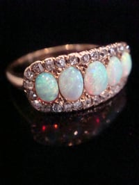 Image 1 of Edwardian 14ct yellow gold natural solid opal and old cut diamond 5 stone ring