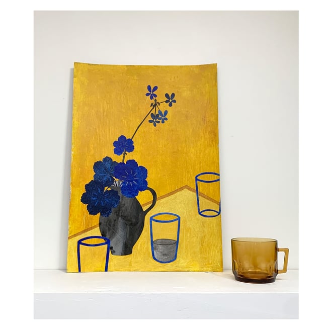 Blue geranium on yellow table Collage ~ work on paper