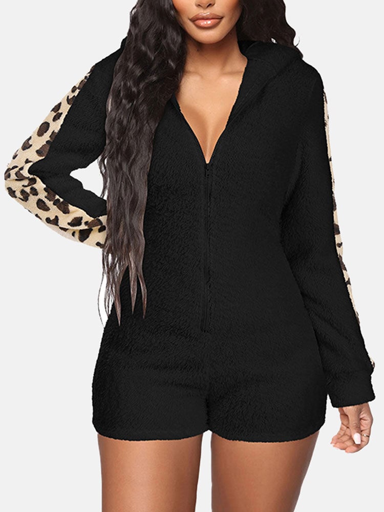 Image of Leopard Bear Hooded Cute Fuzzy Romper