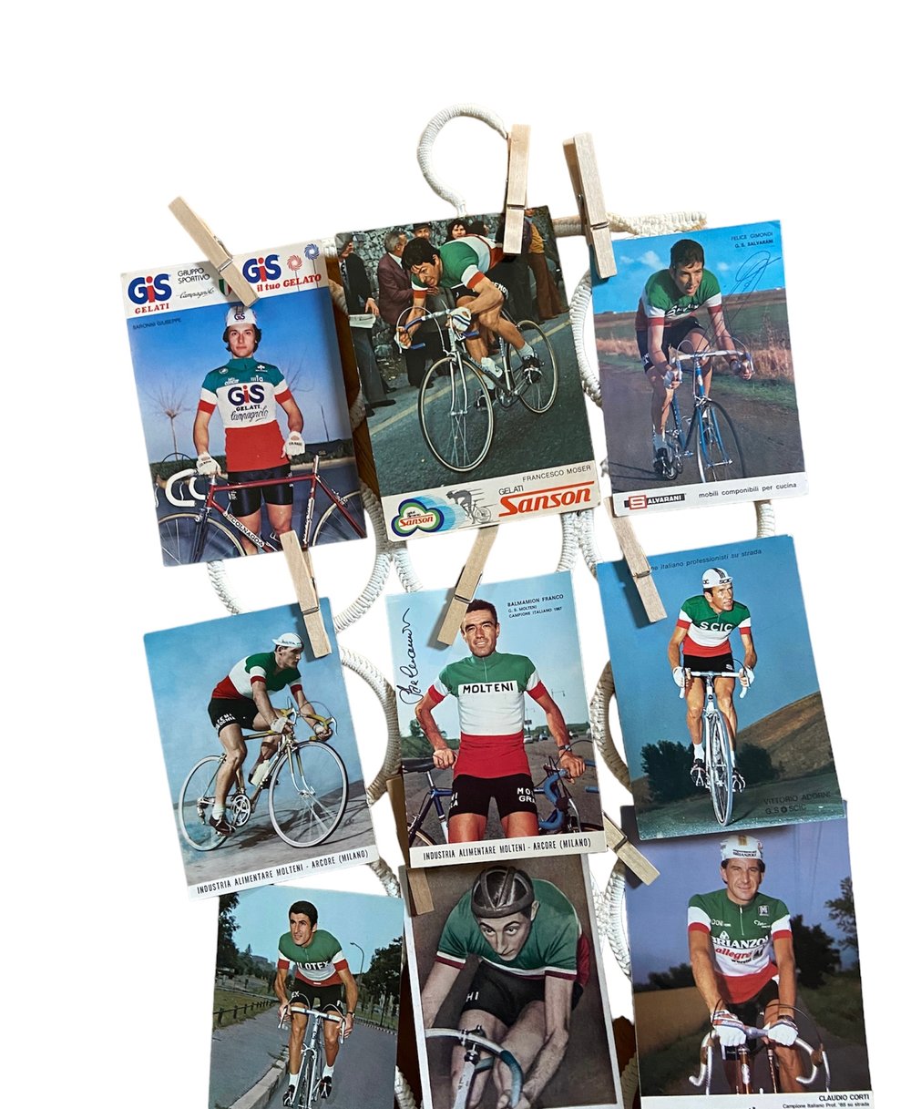 Set of 14 postcards featuring one of the brightest cycling Italian champions